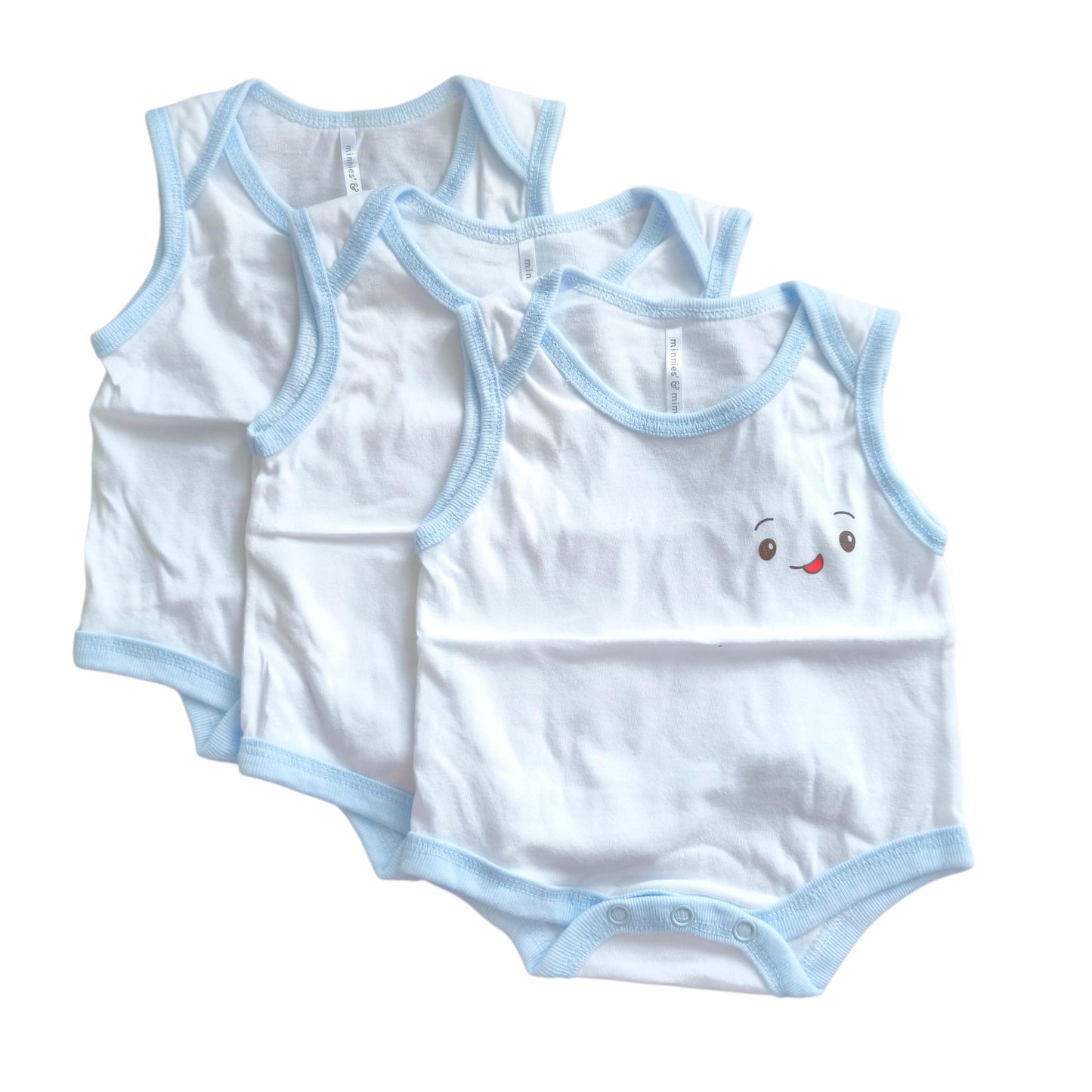 Minnies' & Mimi Ultra-Soft Sleeveless Onesie Romper in Blue Pink White with Piping 3pcs for Babies 0-12 Months with Random Print