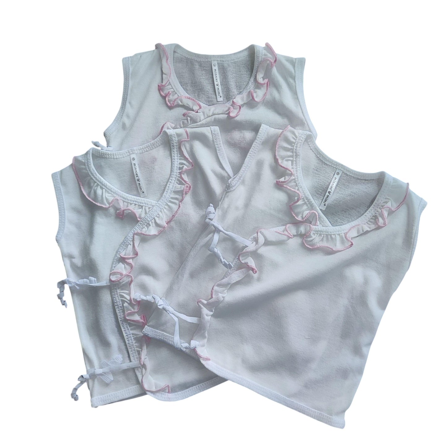 Minnies' & Mimi Tie Side Sleeveless with Pink Ruffles for New Born Infant 0-3 Months 3Pcs Available Sizes Small Medium Large