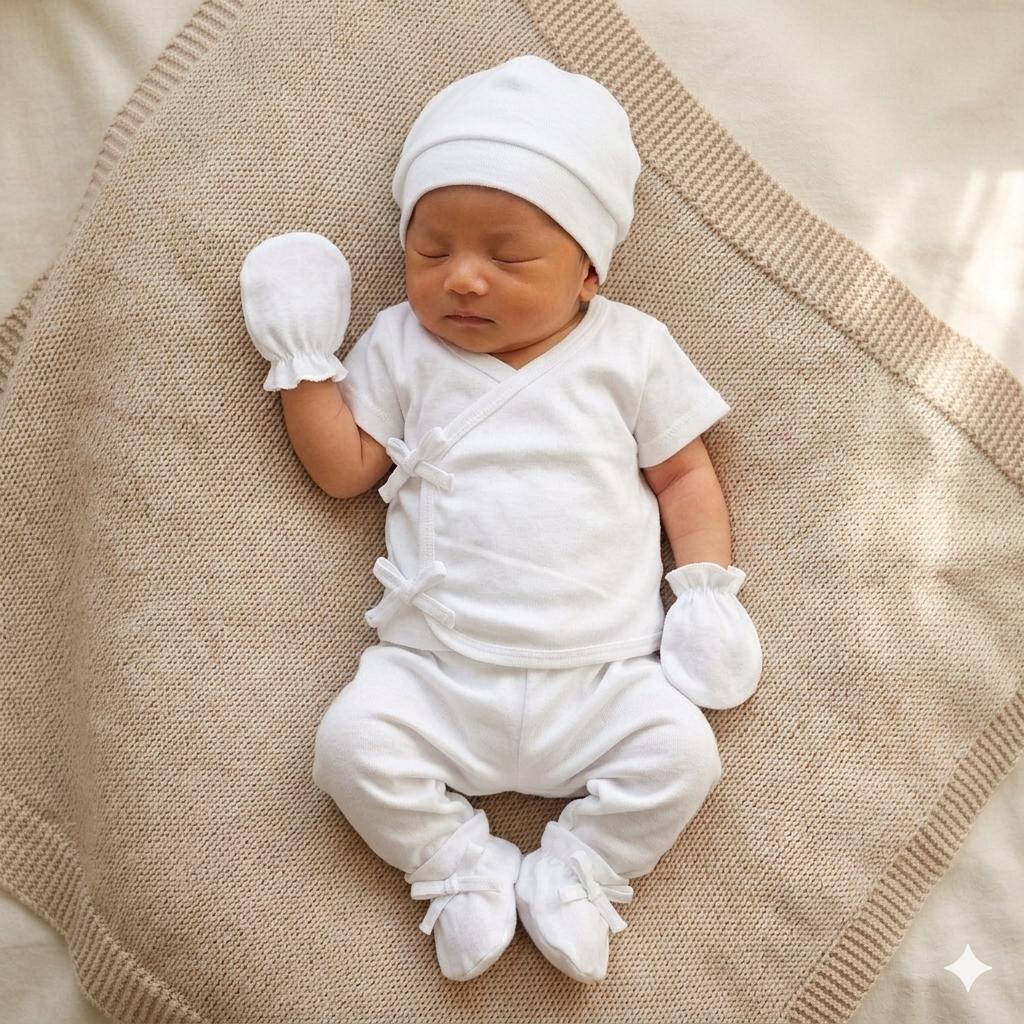 Minnies' & Mimi TieSide Shortsleeves W/ Pajama Matching Bonnet, Booties, Mittens Available White Pink, White, White Blue SET For Newborn Size XS make description