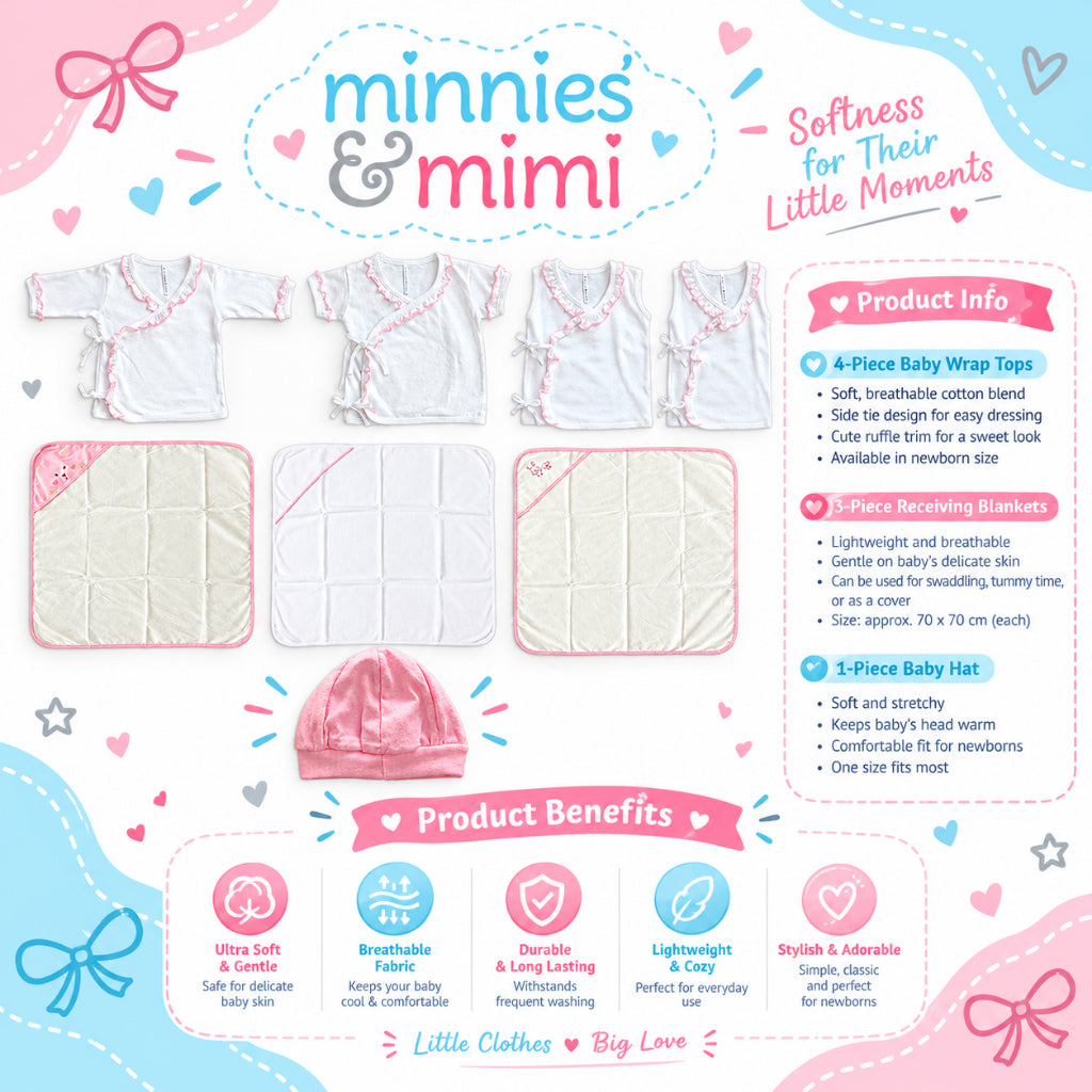 A promotional graphic for 'minnies & mimi' baby wrap tops and blankets, showing multiple white and pink baby wrap garments, a pink bonnet, and product information panels on a pastel blue and pink background with hearts and bows.