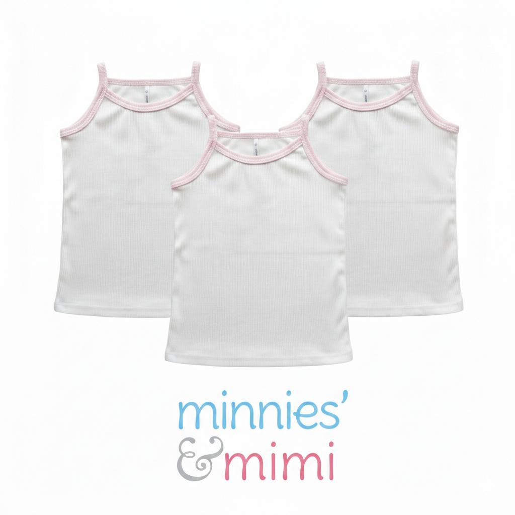 Minnies' & Mimi Stretchable Spaghetti Strap Sando for 1-2 Years Old White or White Pink Piping Free Size 3pcs