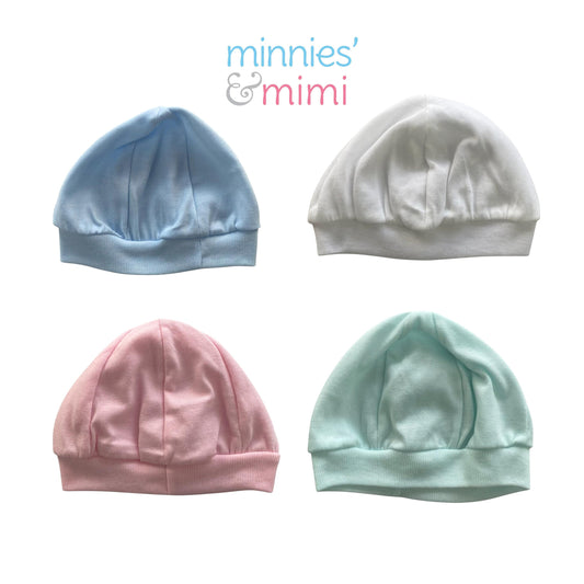 Minnies' & Mini Cotton Bonnet with Head Garter Colored for Newborn Infant 0-6 Months By 3 Pcs Available in Pink, Green, Blue or White, WP, WY, WB, Y, WMG