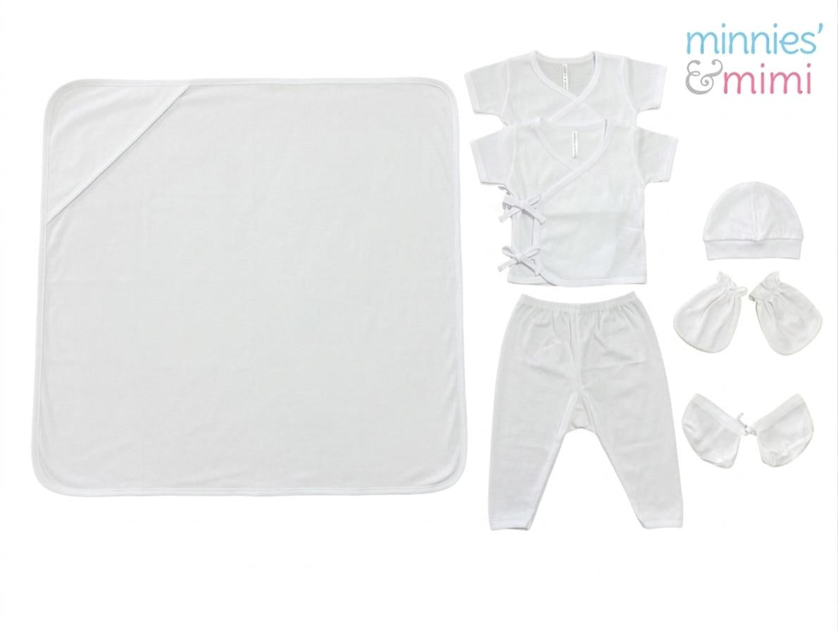 Minnies' & Mimi TieSide Shortsleeves W/ Pajama Matching Blanket, Bonnet, Booties, Mittens, Available White Pink, White, White Blue SET For Newborn Size XS