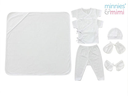 Minnies' & Mimi TieSide Shortsleeves W/ Pajama Matching Blanket, Bonnet, Booties, Mittens, Available White Pink, White, White Blue SET For Newborn Size XS