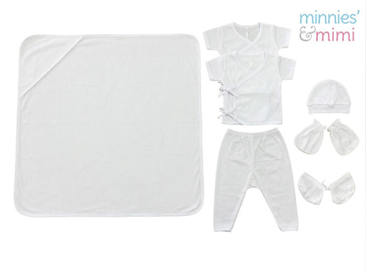 Minnies' & Mimi TieSide Shortsleeves W/ Pajama Matching Blanket, Bonnet, Booties, Mittens, Available White Pink, White, White Blue SET For Newborn Size XS