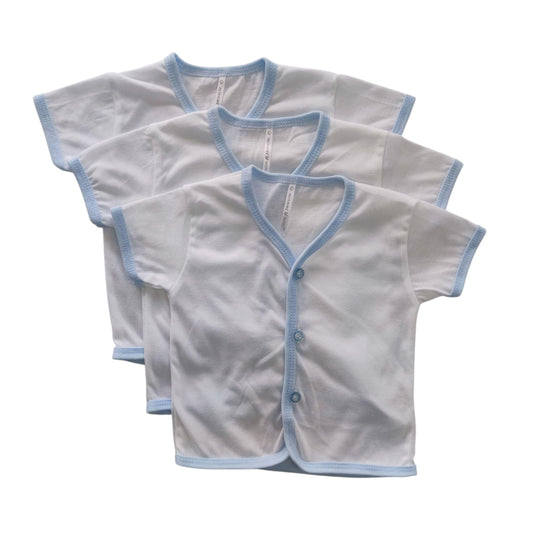 Minnies' and Mimi Front Button Down Short Sleeves with Colored Trim 3PCS for New Born Infant 0-3 Months Available in White, Blue and Pink Sizes Small Medium Large