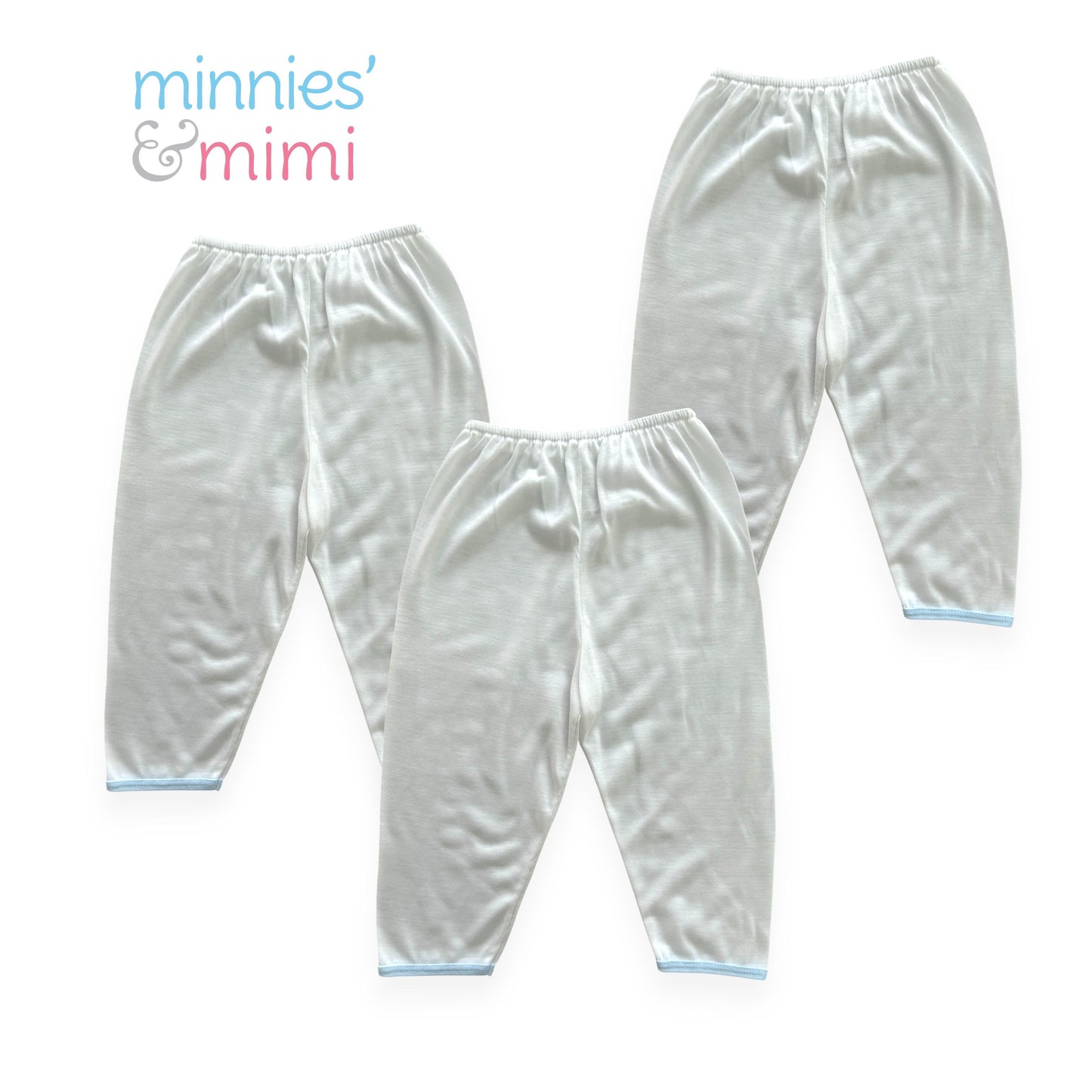 Minnies' & Mimi Cotton New Born Pajama Bottoms For 0-6 Months by 3pcs Available in White, Mint Green, Blue, Yellow and Pink