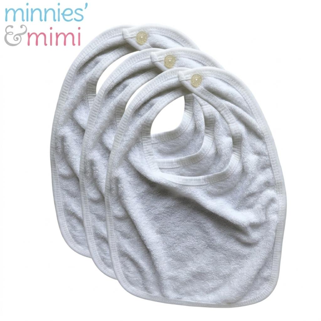 Minnies' & Mimi Cotton Towellette Bibs w/ Button for Newborns, Infants, Toddlers (0–6 Months) (6–12 Months) (1–3 Years) Available W,WP,WB 3pcs