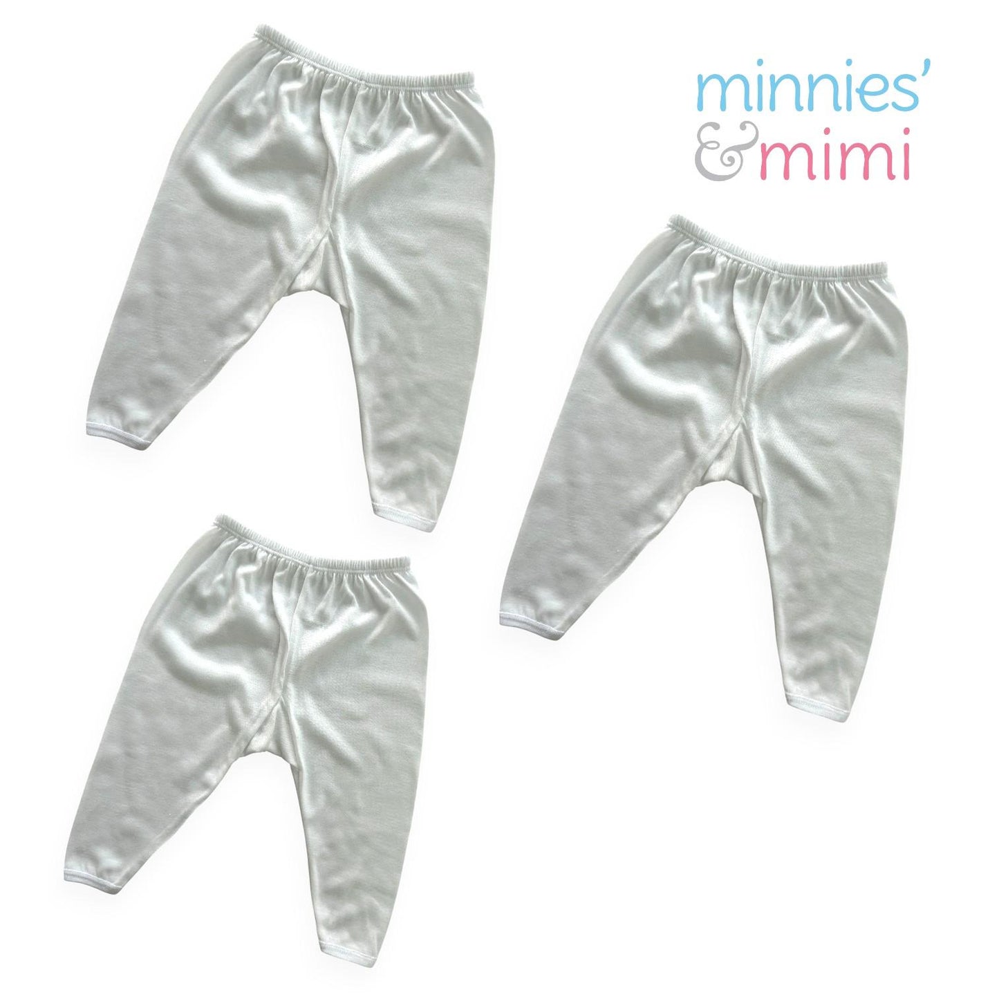 Minnies' & Mimi Cotton New Born Pajama Bottoms For 0-6 Months by 3pcs Available in White, Mint Green, Blue, Yellow and Pink