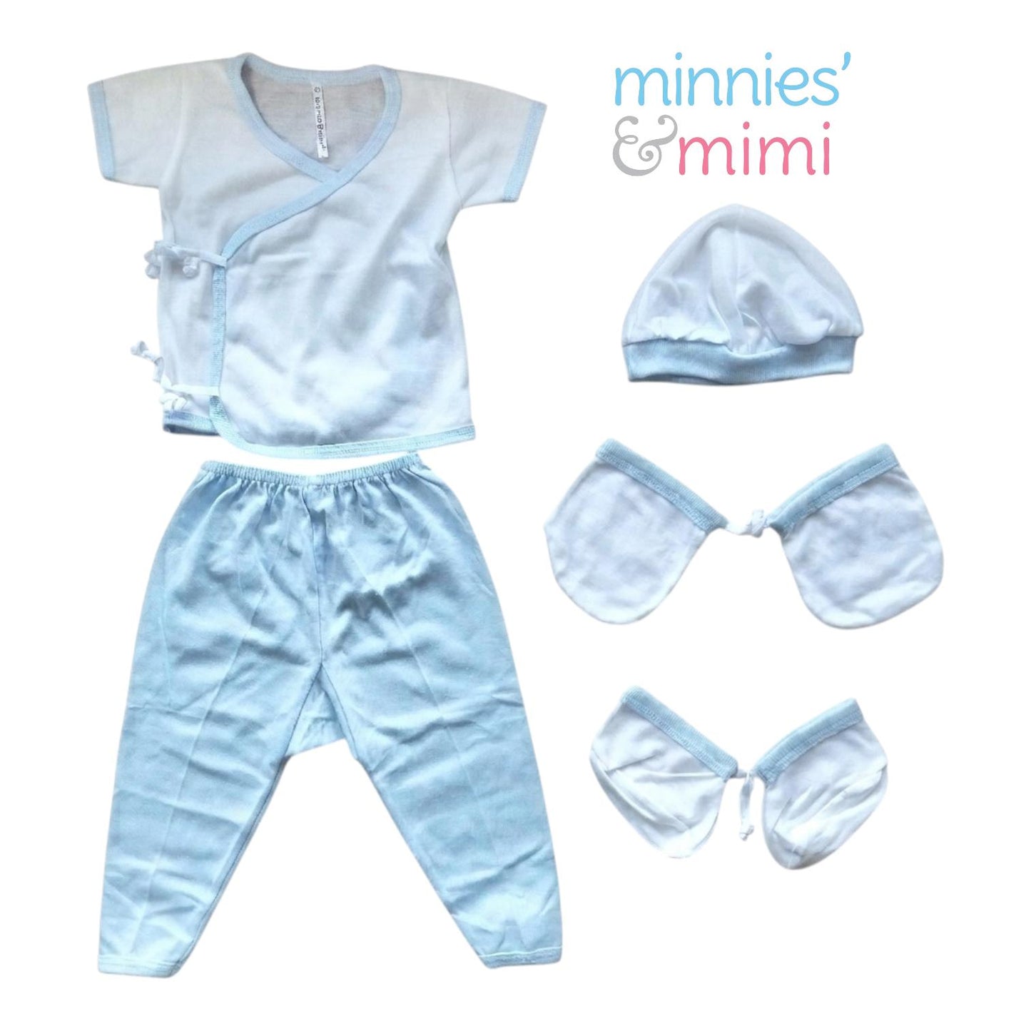 Minnies' &amp; Mimi TieSide Shortsleeves W/ Pajama Matching Bonnet, Booties, Mittens Available White Pink, White, White Blue SET For Newborn Size XS make description