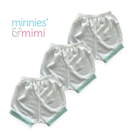 Minnies' & Mimi Cotton Shorts with Cuffs Design for Toddlers 6 Months to 2 Years by 3 Pcs Available in White, White Blue, White Mint Green, Blue and Mint Green Color Size Small Medium Large