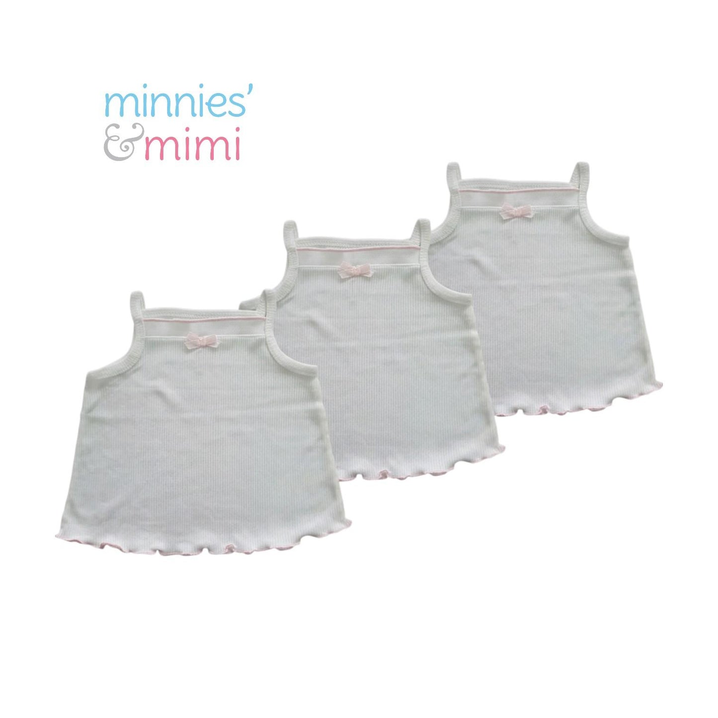Minnies' & Mimi Stretchable Cotton Tank Top Spaghetti Strap with Ribbon Lettuce Design for Toddlers 6 Months to 2 Years Old by 3pcs Available in Mint Green, Yellow and Pink Size Small Medium Large