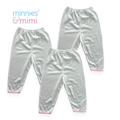 Minnies' & Mimi Cotton New Born Pajama Bottoms For 0-6 Months by 3pcs Available in White, Mint Green, Blue, Yellow and Pink