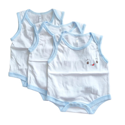 Minnies' & Mimi Ultra-Soft Sleeveless Onesie Romper in Blue Pink White with Piping 3pcs for Babies 0-12 Months with Random Print