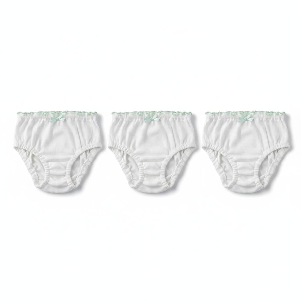 Minnies' & Mimi Stretchable Lettuce Edge Baby Panty 0-24 Month with Ribbon by 3pcs Available in Pink Yellow or Mint Green Size S M L