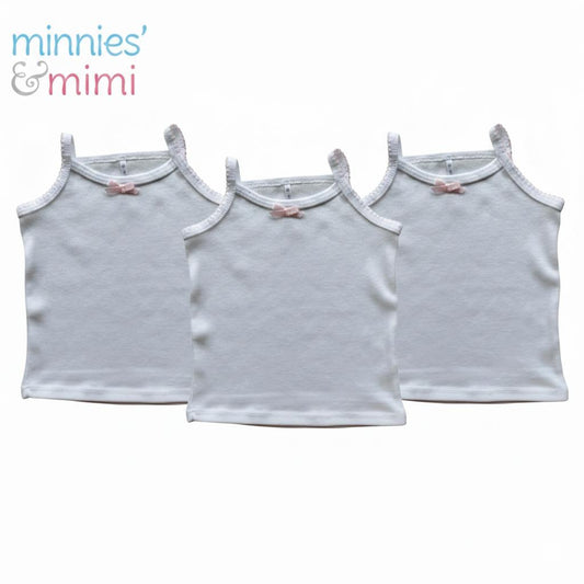 Minnies' & Mimi Cotton Tank Top stretchable Spaghetti Strap with Small Ribbon and Fagoting for Toddlers (6m to 2yrs old) Avail. P,Y.V Size S/M/L 3PCS
