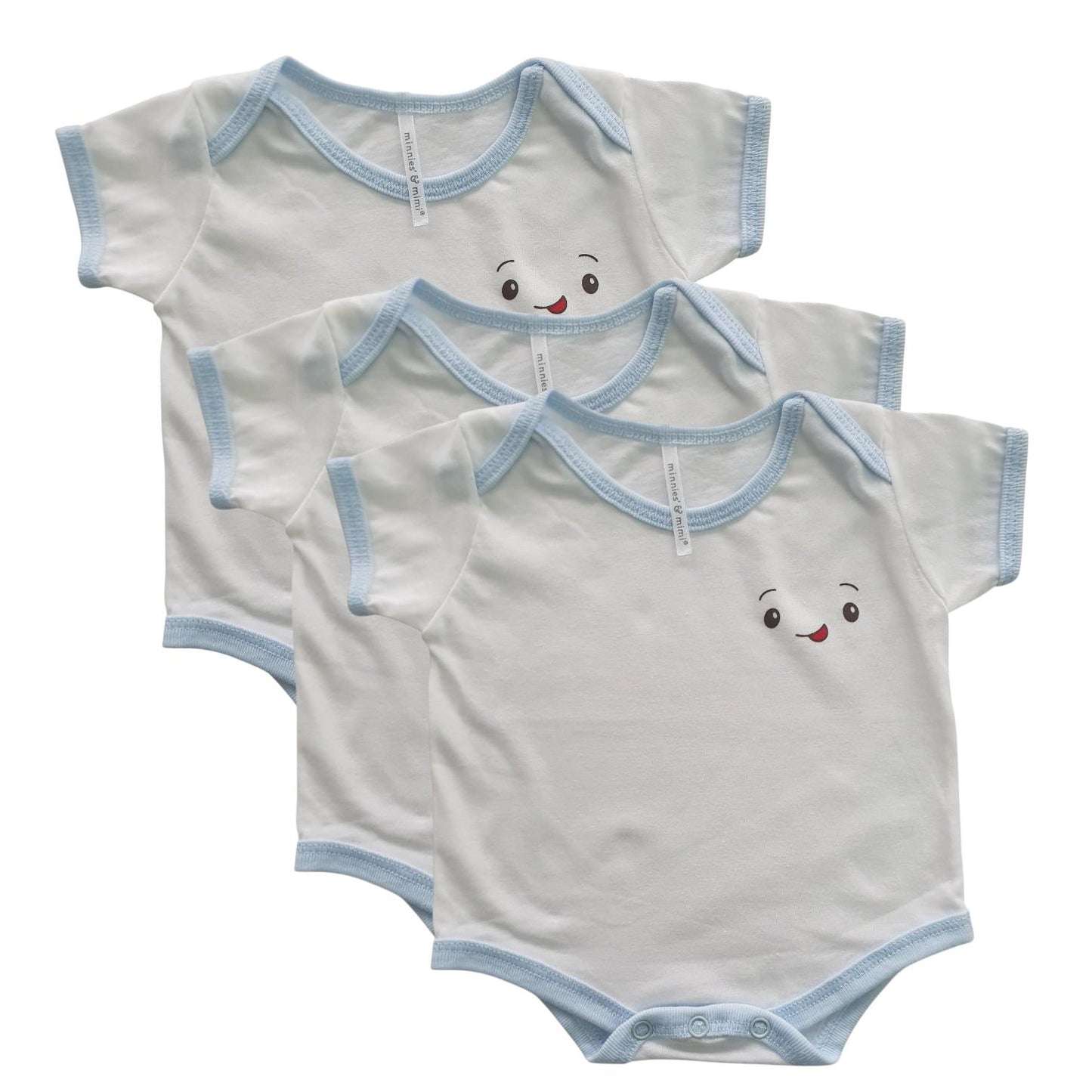 Minnies' & Mimi Romper for New Born Infant 0-3 Months Short Sleeves By Pack of 3s in Pink Blue White with Piping Available in Small Medium Large