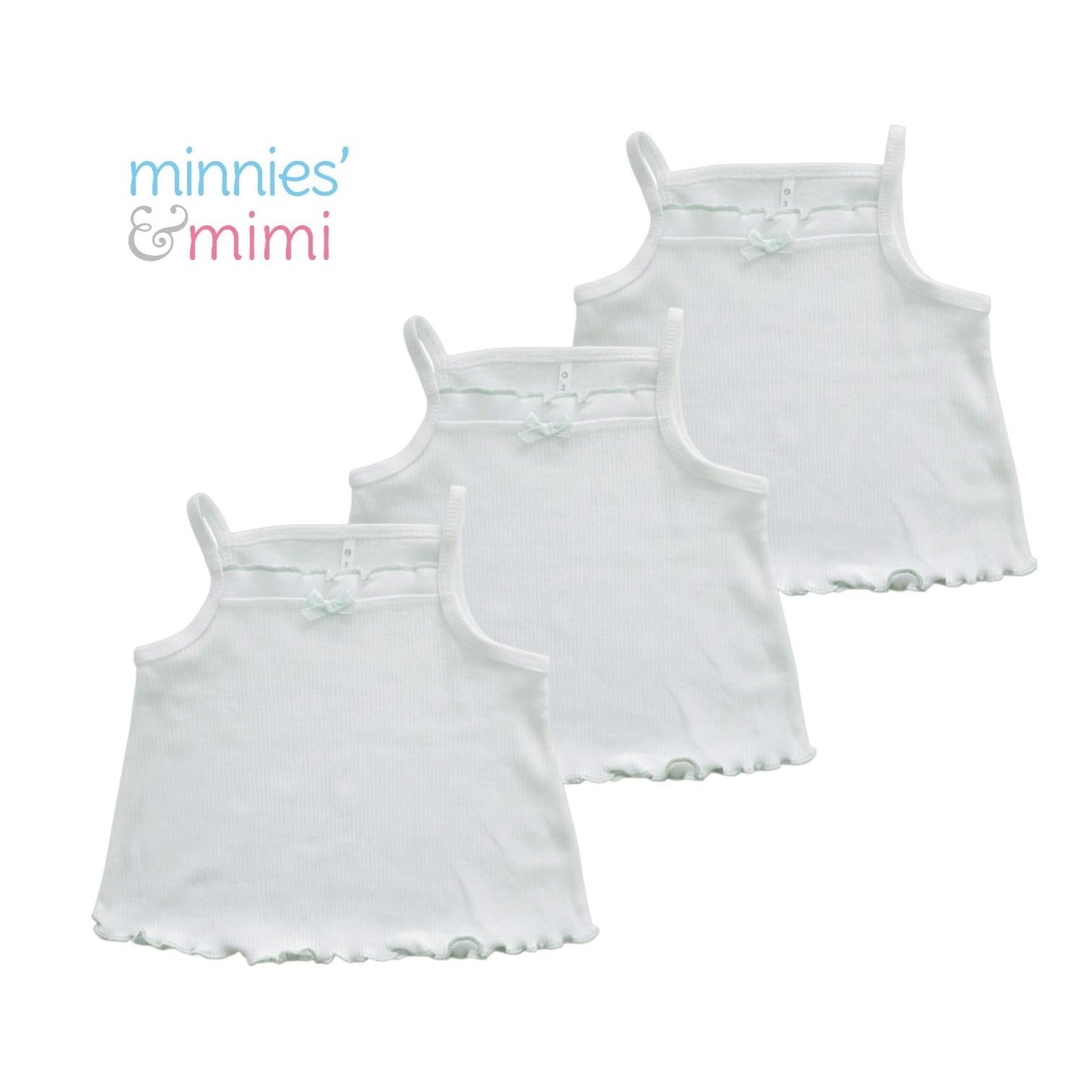 Minnies' & Mimi Stretchable Cotton Tank Top Spaghetti Strap with Ribbon Lettuce Design for Toddlers 6 Months to 2 Years Old by 3pcs Available in Mint Green, Yellow and Pink Size Small Medium Large