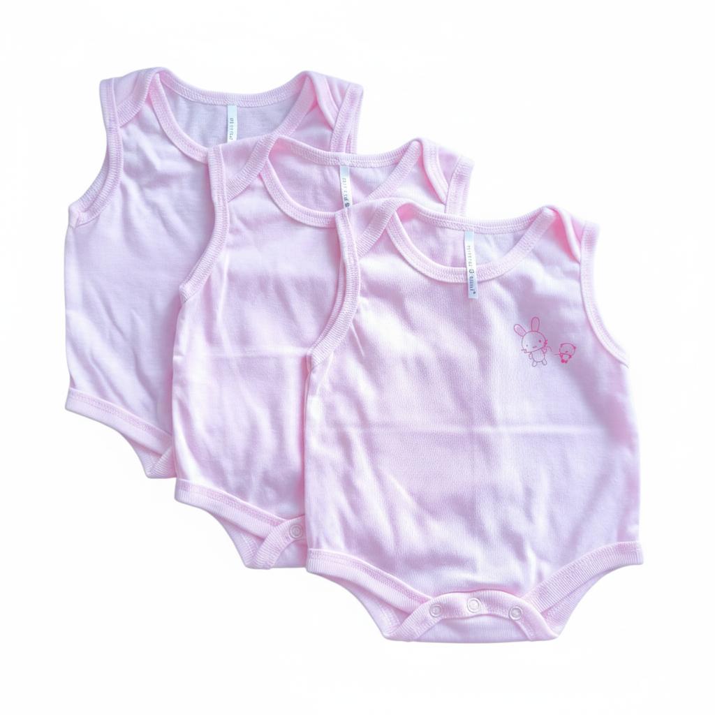 Minnies' & Mimi Ultra-Soft Sleeveless Onesie Romper in Blue Pink White with Piping 3pcs for Babies 0-12 Months with Random Print