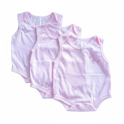 Minnies' & Mimi Ultra-Soft Sleeveless Onesie Romper in Blue Pink White with Piping 3pcs for Babies 0-12 Months with Random Print
