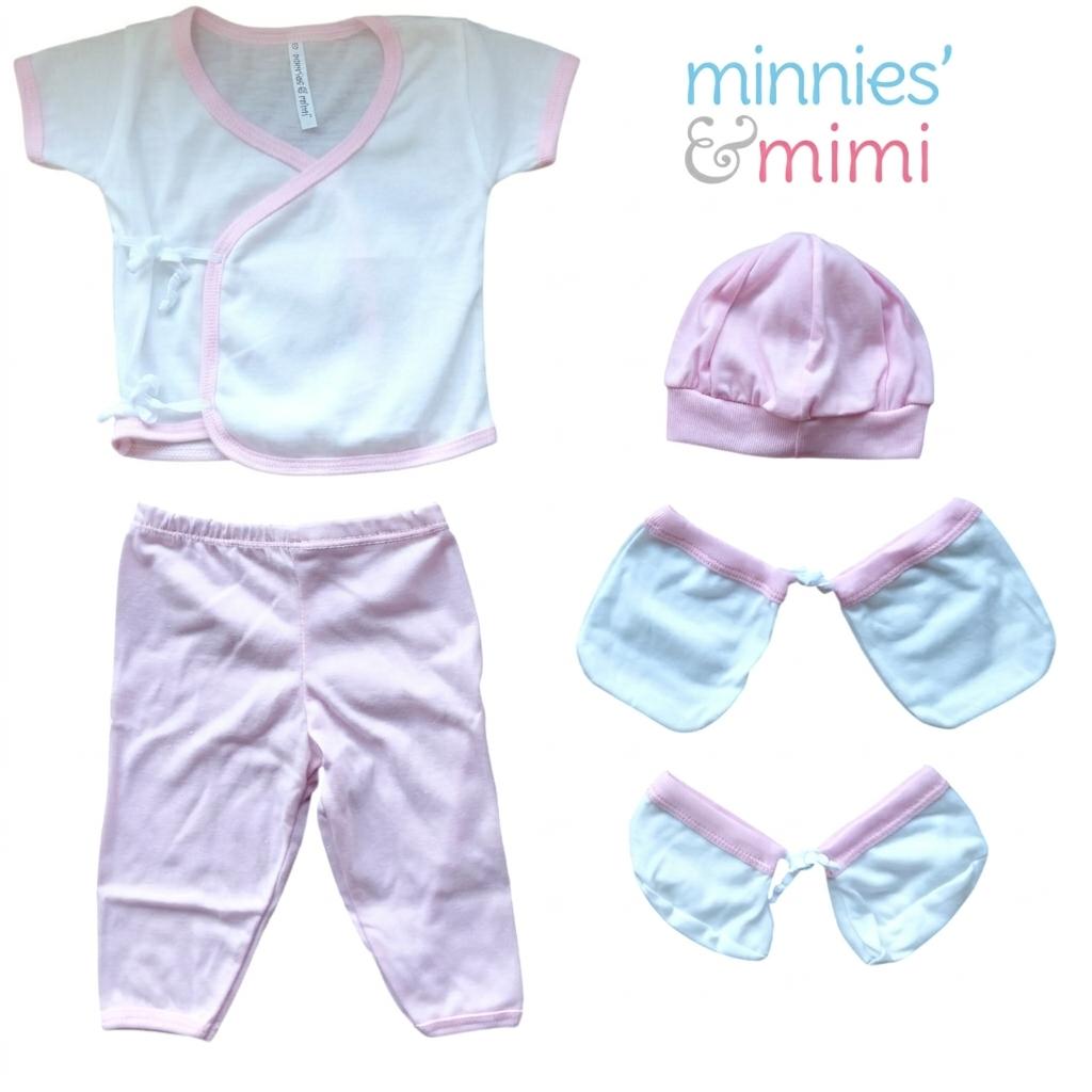 Minnies' &amp; Mimi TieSide Shortsleeves W/ Pajama Matching Bonnet, Booties, Mittens Available White Pink, White, White Blue SET For Newborn Size XS make description