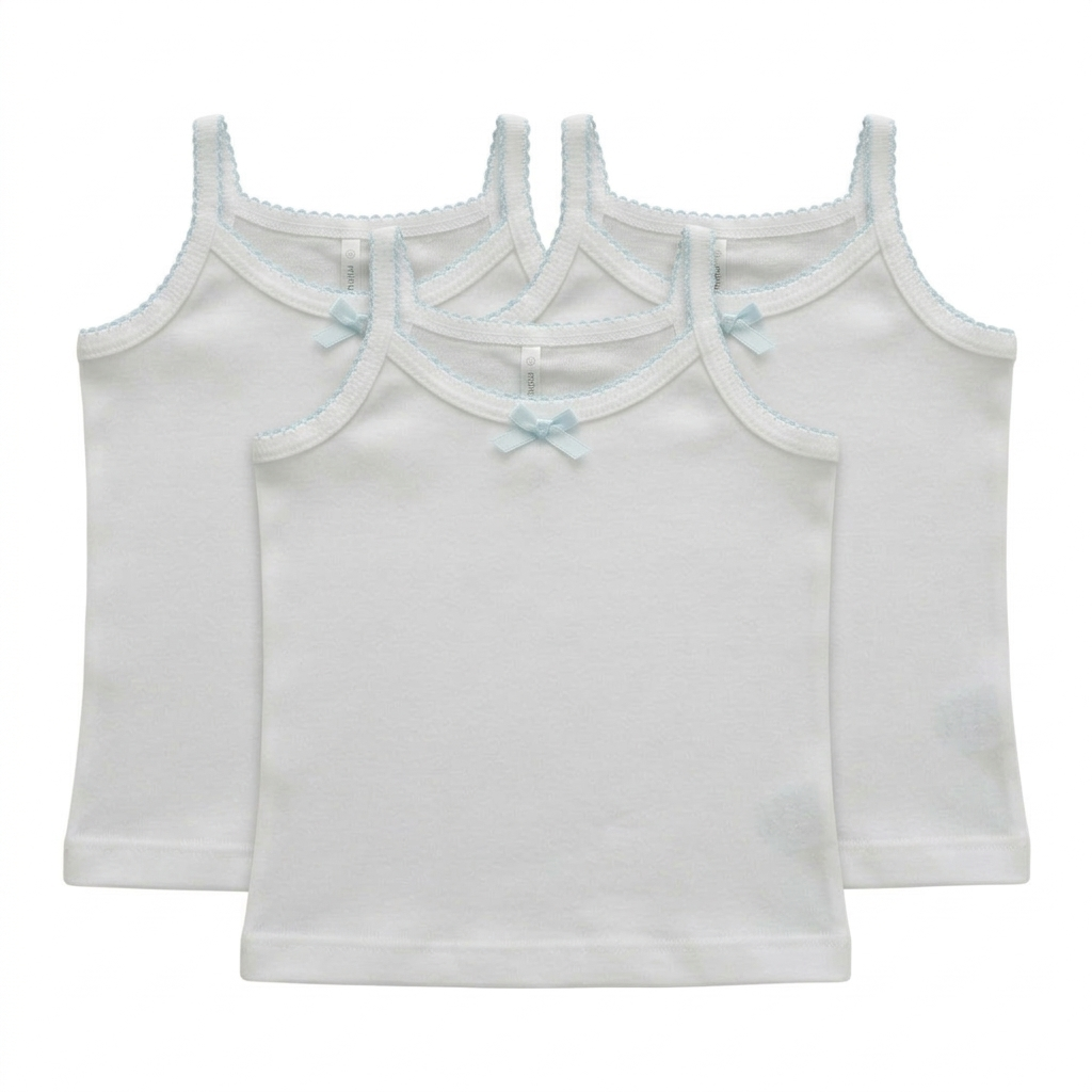 Minnies' & Mimi Cotton Tank Top Spaghetti Strap with Small Ribbon and Fagoting for Toddlers 6 Months to 2 Years Old by 3pcs Available in Pink, Cream and Blue Size Small Medium Large