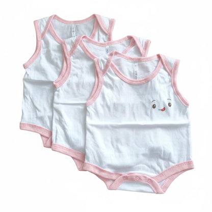 Minnies' & Mimi Ultra-Soft Sleeveless Onesie Romper in Blue Pink White with Piping 3pcs for Babies 0-12 Months with Random Print