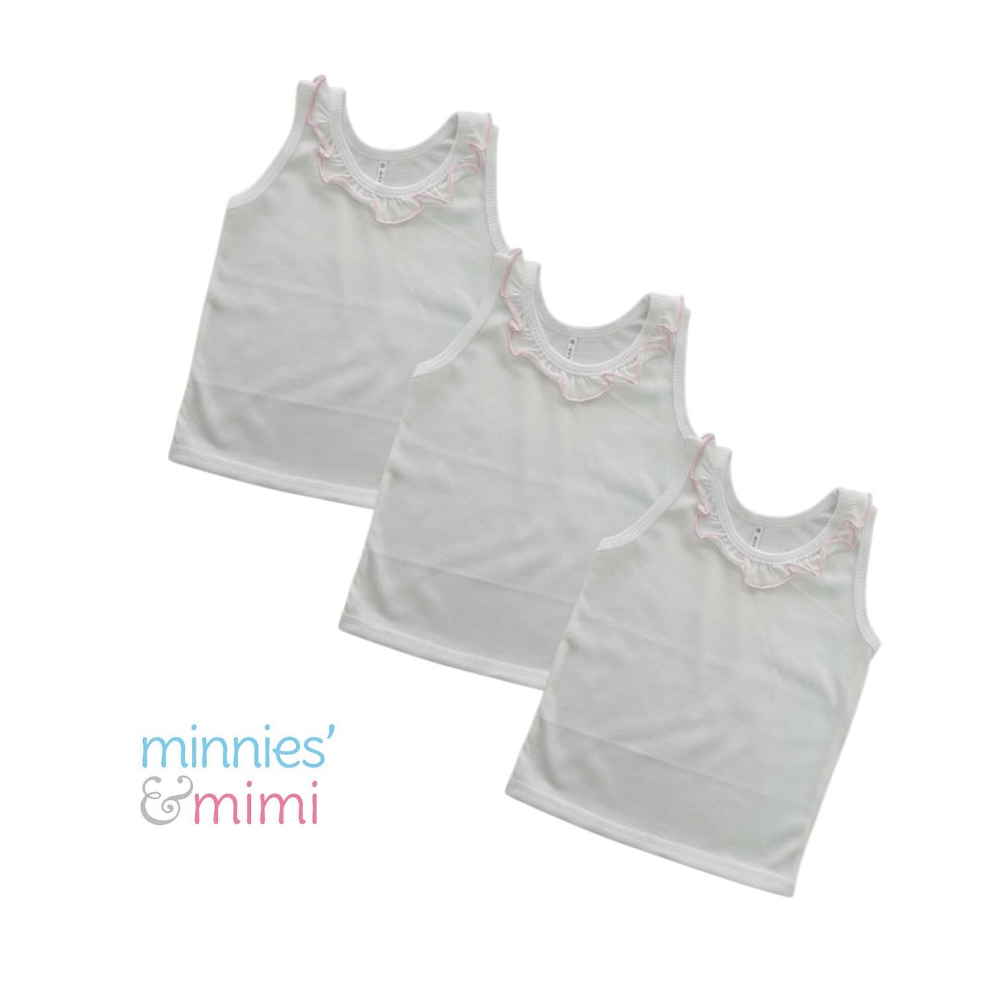 Minnies' & Mimi Cotton Tank Top Sando with Pink Ruffles for Toddlers 6 Months to 2 Years by 3pcs Available in Small Medium and Large
