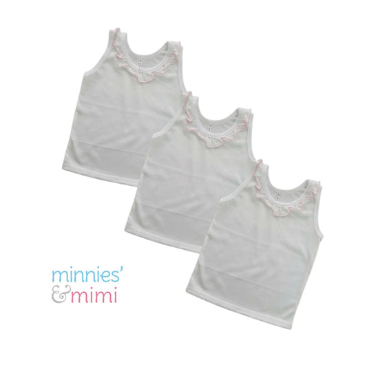 Minnies' & Mimi Cotton Tank Top Sando with Pink Ruffles for Toddlers 6 Months to 2 Years by 3pcs Available in Small Medium and Large