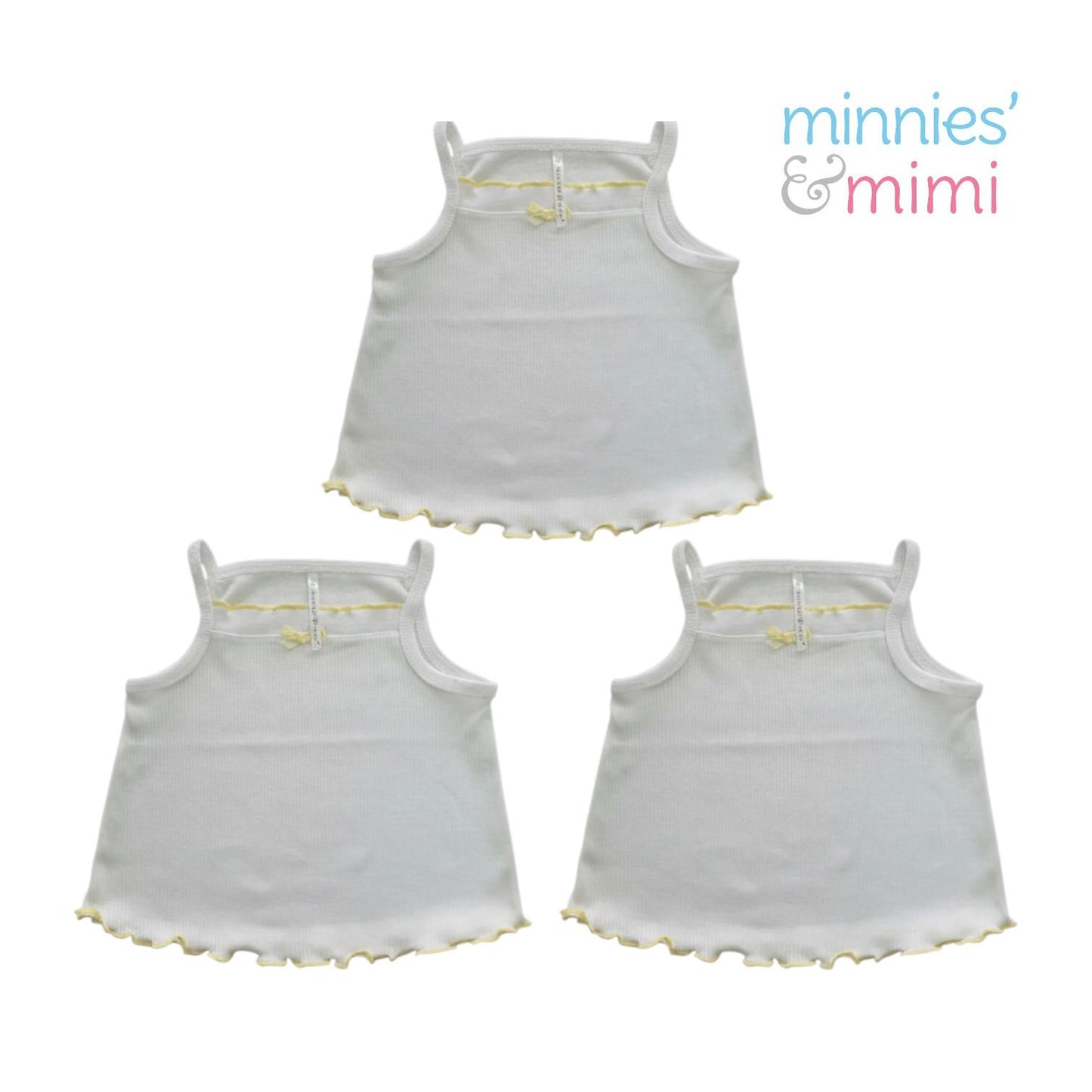 Minnies' & Mimi Stretchable Cotton Tank Top Spaghetti Strap with Ribbon Lettuce Design for Toddlers 6 Months to 2 Years Old by 3pcs Available in Mint Green, Yellow and Pink Size Small Medium Large