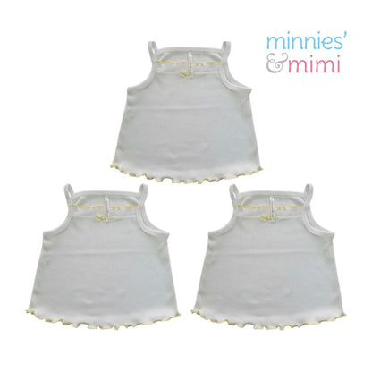 Minnies' & Mimi Stretchable Cotton Tank Top Spaghetti Strap with Ribbon Lettuce Design for Toddlers 6 Months to 2 Years Old by 3pcs Available in Mint Green, Yellow and Pink Size Small Medium Large