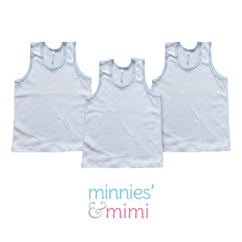 Minnies' & Mimi Stretchable Sando Tank Tops for Boys 1-2Yrs Blue/White Piping Free Size 3pcs per Order