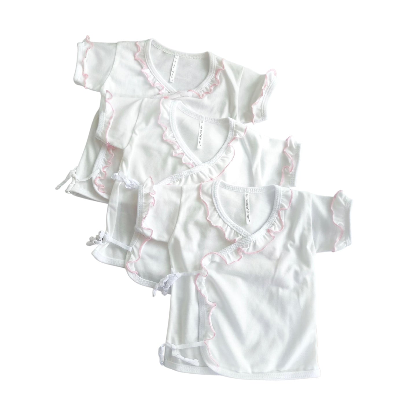 Minnies' & Mimi Tie Side Short Sleeves with Pink Ruffles 3pcs for New Born Infant Available Small Medium Large Color White Pink