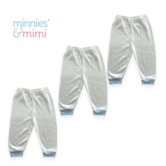 Minnies' & Mimi Cotton Long Pajama with Colored Cuffs For Toddlers 6 Months to 2 Years Old by 3 Pcs Available in White, Pink, Yellow, Mint Green and Blue Size Small Medium Large