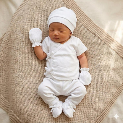 Minnies' &amp; Mimi TieSide Shortsleeves W/ Pajama Matching Bonnet, Booties, Mittens Available White Pink, White, White Blue SET For Newborn Size XS make description