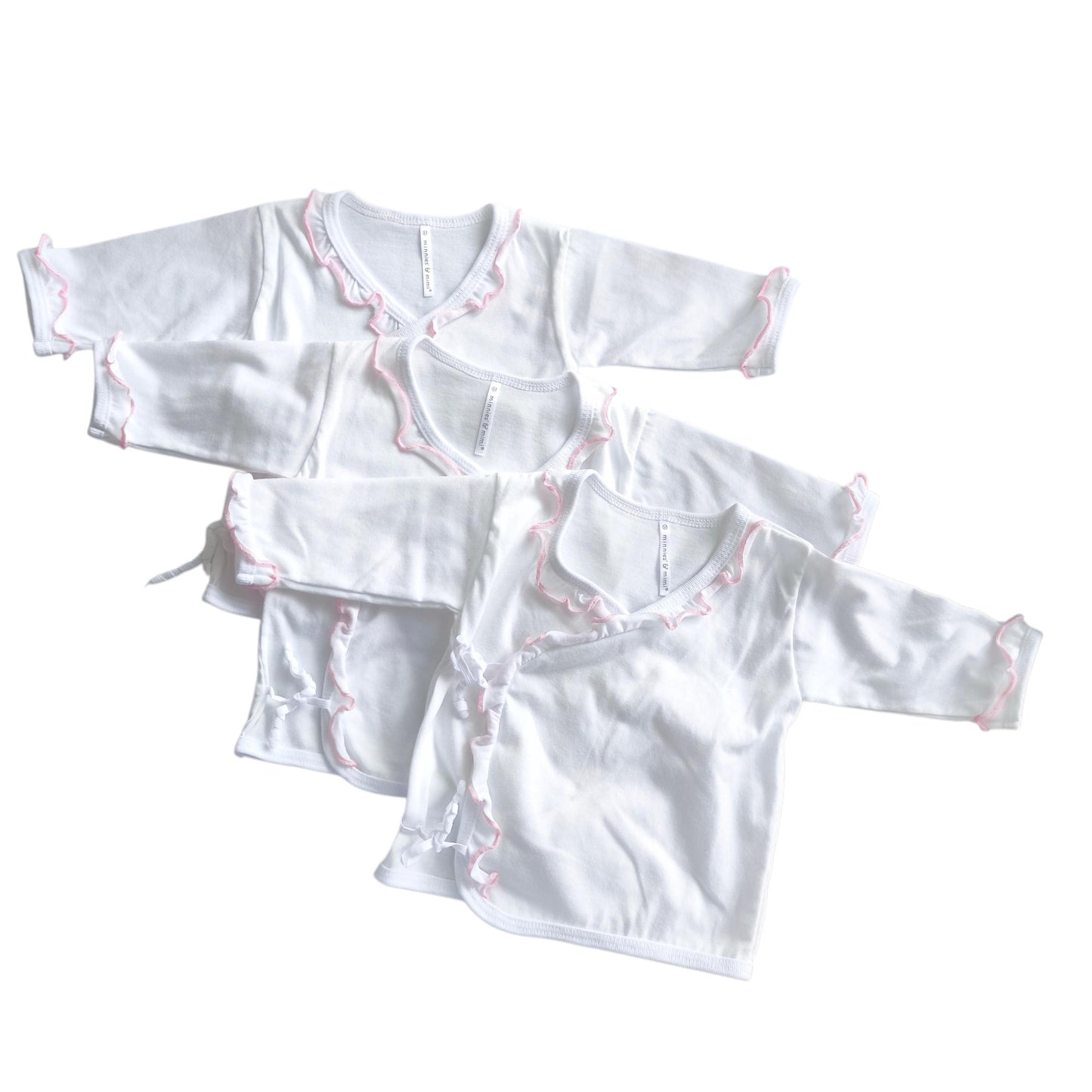 Minnies' & Mimi Tie Side Long Sleeves with Pink Ruffles 3Pcs for 0-3 Months New Born Infant Available in Small Medium Large Color White Pink