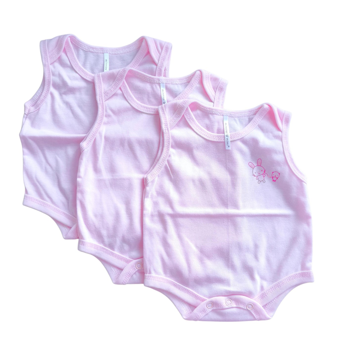 Minnies' & Mimi Ultra-Soft Sleeveless Onesie Romper in Blue Pink White with Piping 3pcs for Babies 0-12 Months with Random Print