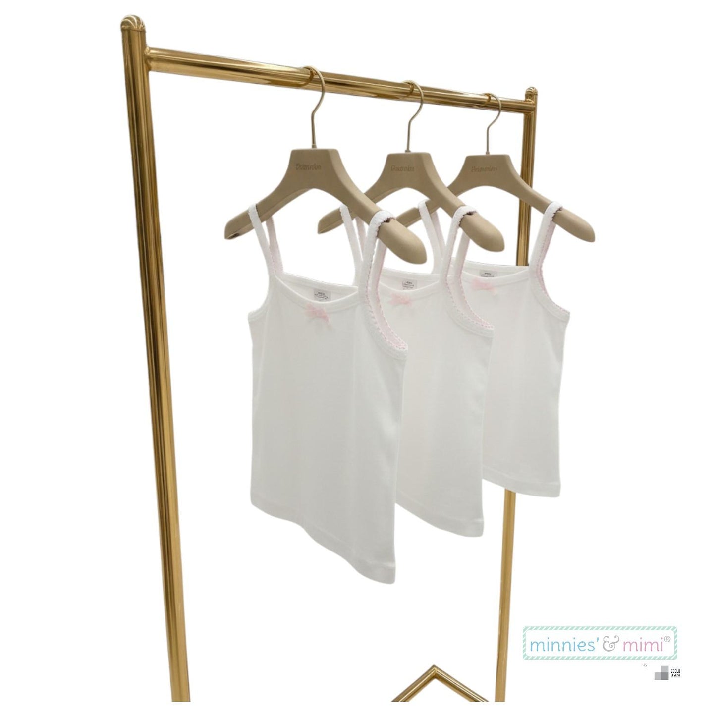 Minnies' & Mimi Cotton Tank Top Spaghetti Strap with Small Ribbon and Fagoting for Toddlers 6 Months to 2 Years Old by 3pcs Available in Pink, Cream and Blue Size Small Medium Large