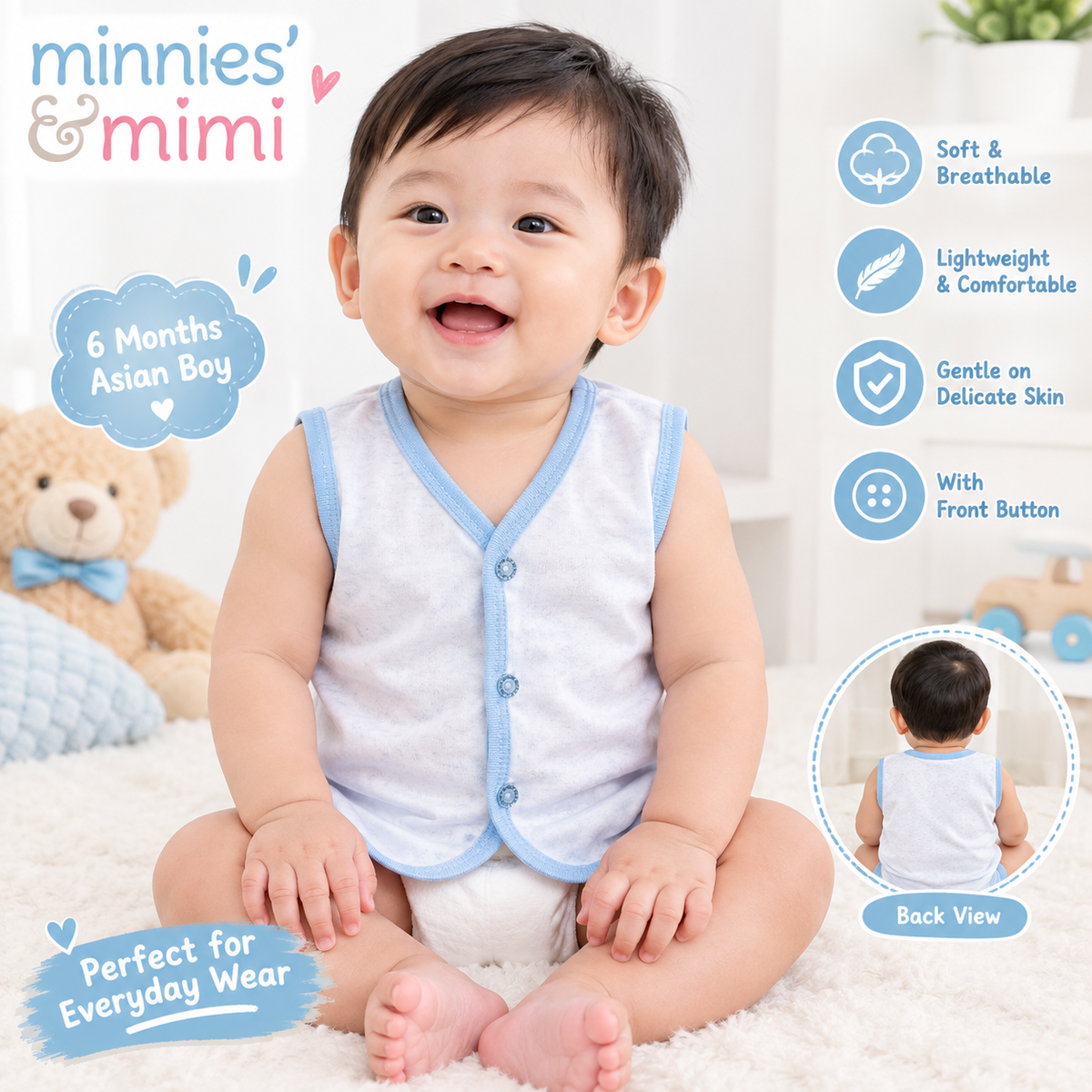 Minnie’s & Minni Baby Clothes Sleeveless Vest 3PCS Set Front Button | S-M-L | 0–6 Months | 3 Colors
