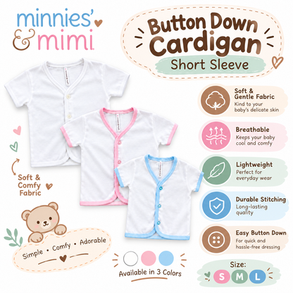 Minnies & Mimi 3PCS Baby Button Down Cardigan Short Sleeve 0–6 Months | Soft & Breathable | 3 Colors