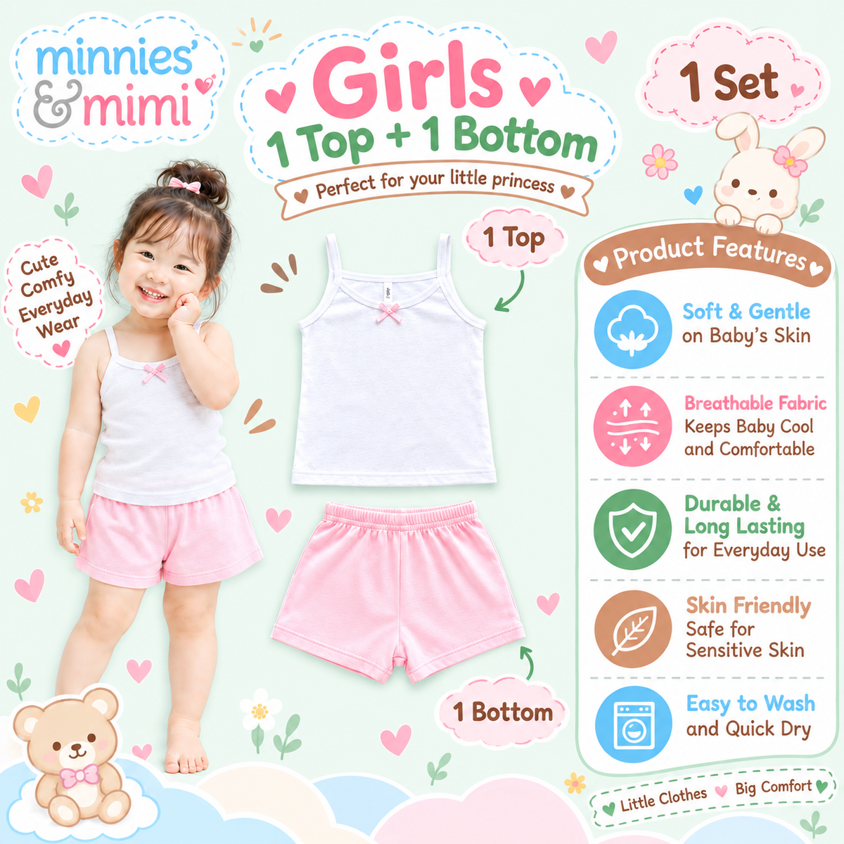 Minnies & Mimi Toddler Clothes Buddle Set 6pcs and 9Pcs Assorted Breathable Fabric For 1 to 4 Yrs Old S,M,L