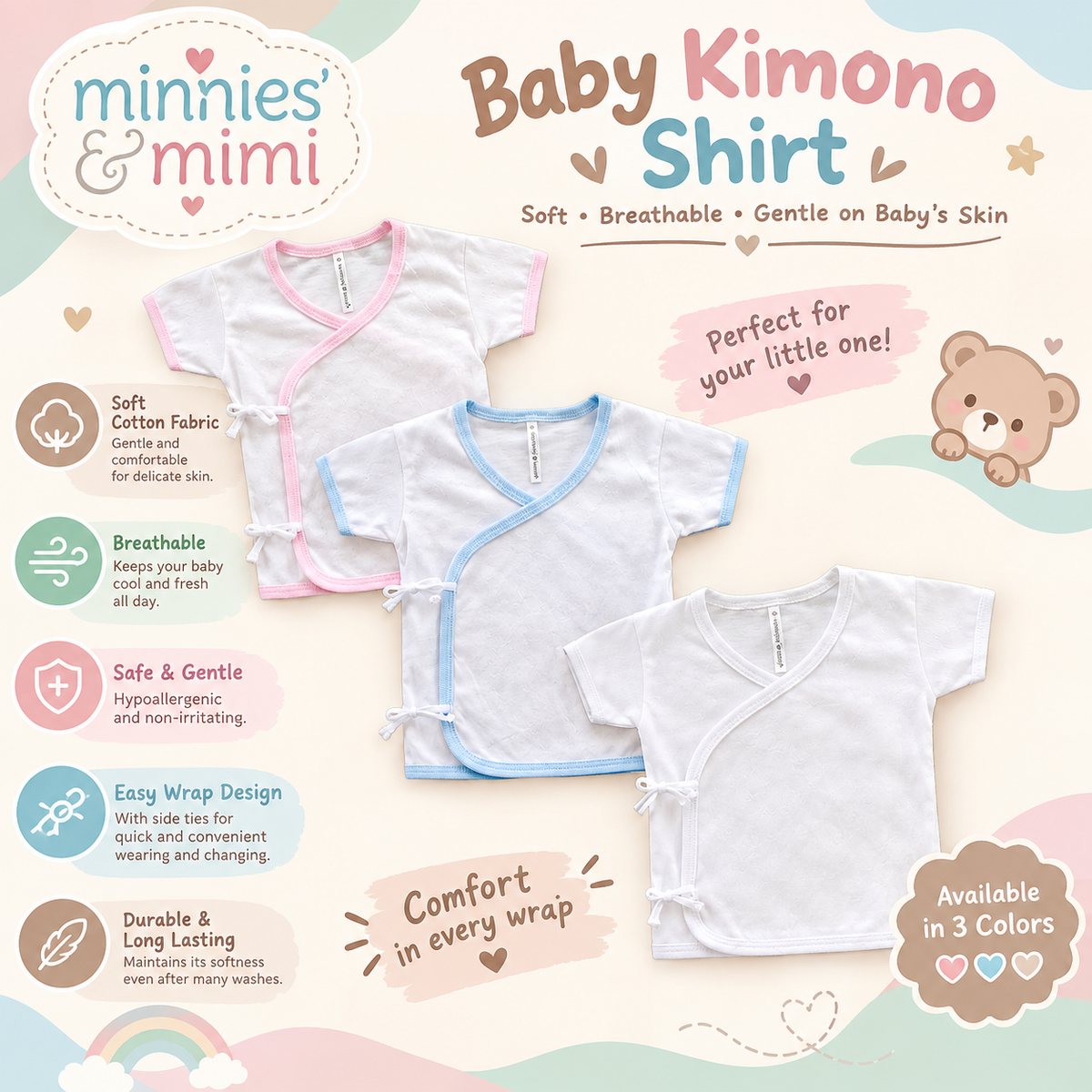 Minnies & Mimi Baby Clothes Kimono Shortsleeves Accent Piping 3pcs for 0-9 months S, M, L