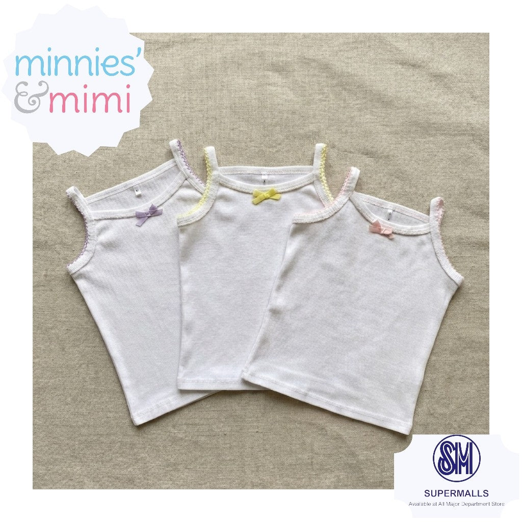 Minnies' & Mimi Cotton Tank Top Stretchable Spaghetti Strap with Small Ribbon and Fagoting for Toddlers (6m to 2yrs old) Avail. P,Y.V Size S/M/L 1PCS