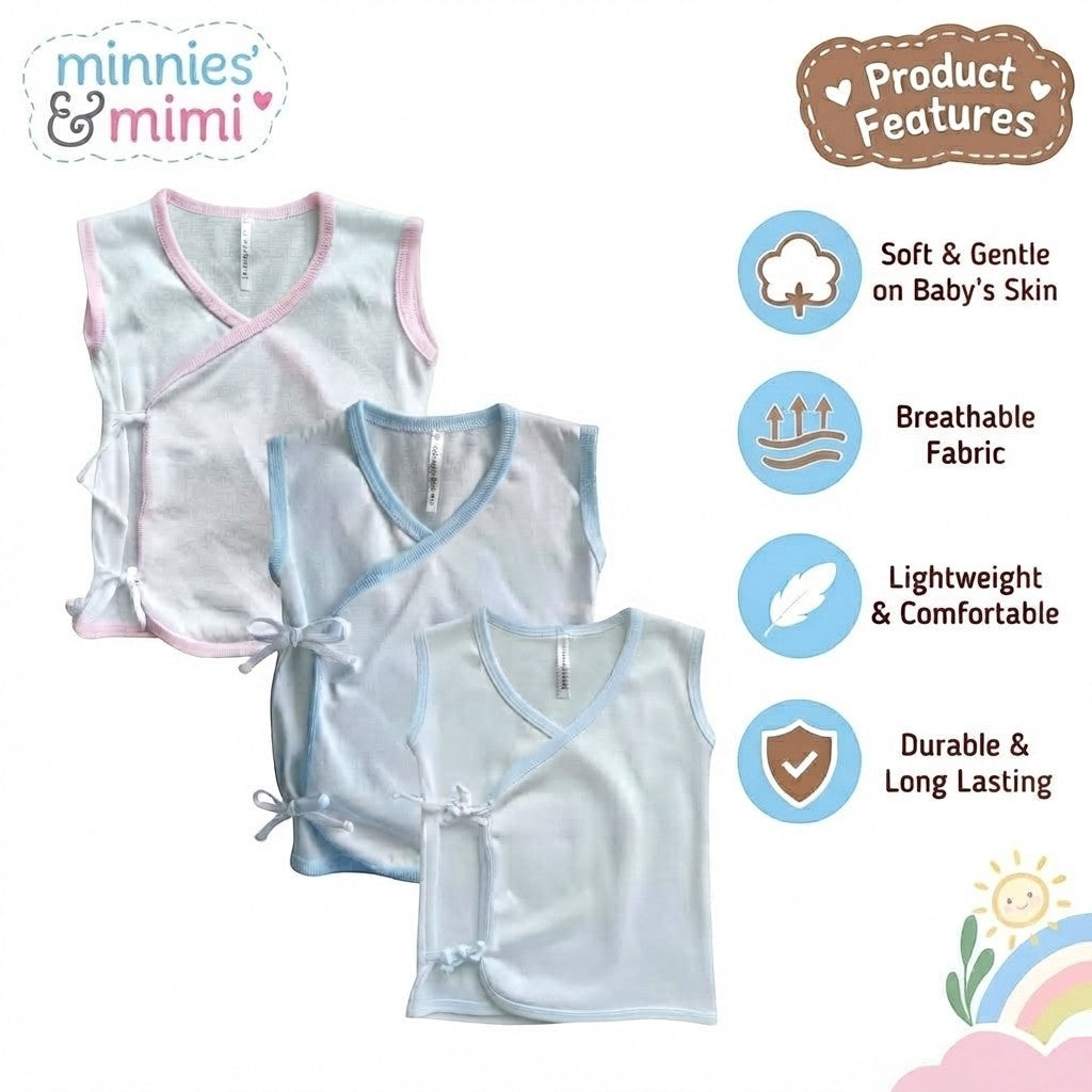 Minnies & Mimi Baby Sleeveless Wrap Shirt Breathable Lightweight Soft 3pcs Baby Newborn 0-6 Months