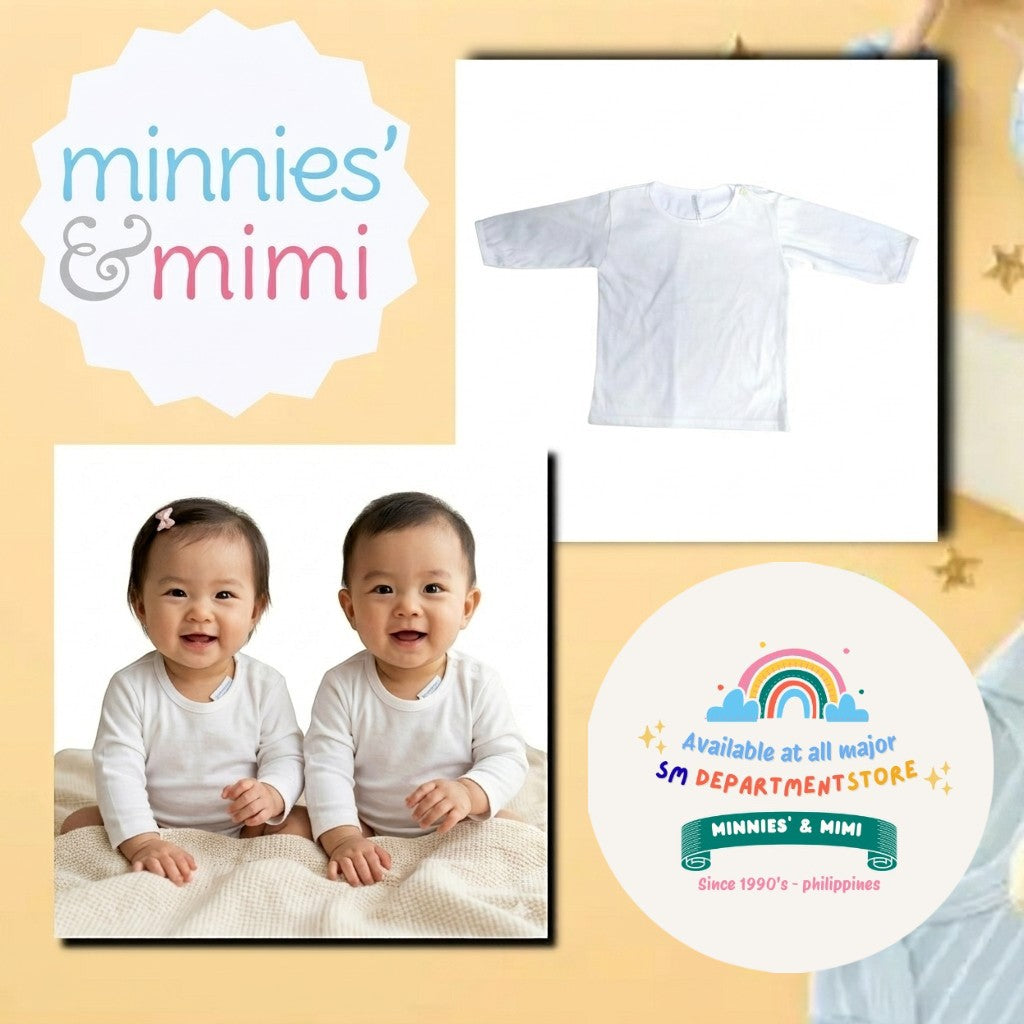 T-Shirt with Button Long Sleeves N-1014 Minnies' & Mimi for Newborn Infant 1pcs Color White Available in Medium and Large