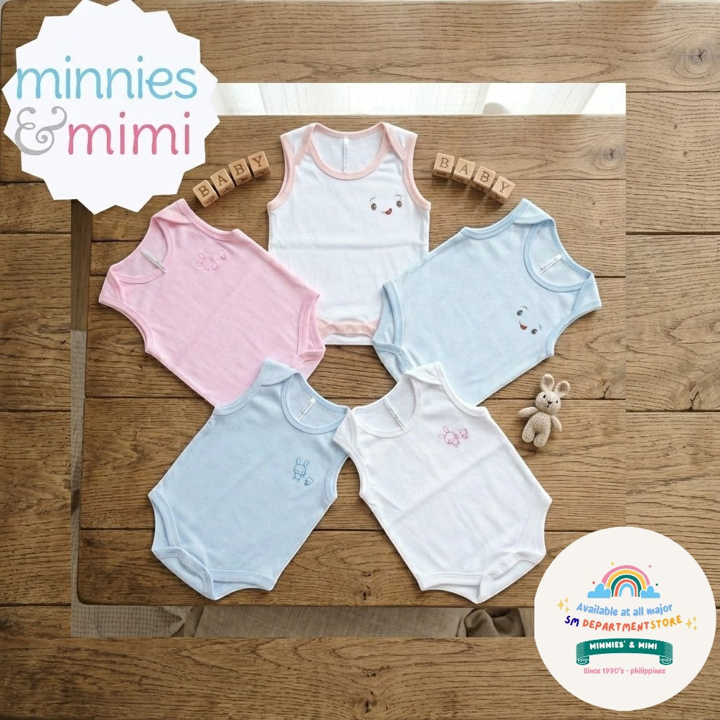 Ultra-Soft Sleeveless Onesie Romper N-1017 Minnies' & Mimi in Blue Pink White with Piping 1pc for Babies 0-12 Months with Random Print