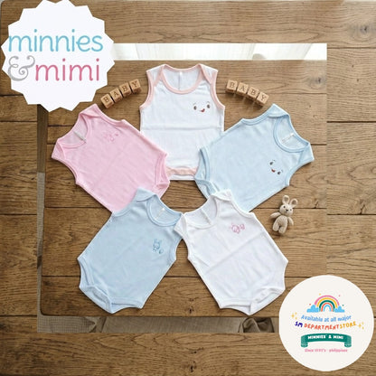 Ultra-Soft Sleeveless Onesie Romper N-1017 Minnies' & Mimi in Blue Pink White with Piping 1pc for Babies 0-12 Months with Random Print
