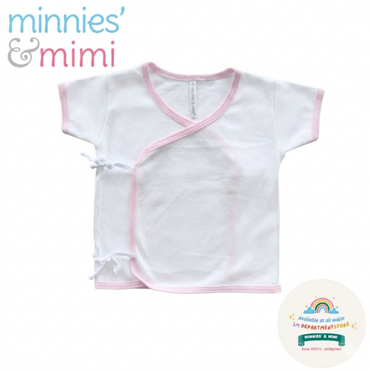 Minnies' & Mimi Tie Side Short Sleeves with Color Trim Breathable Fabric 1Pcs for Infant White Pink Blue Sizes Small Medium Large Hand Wash Only