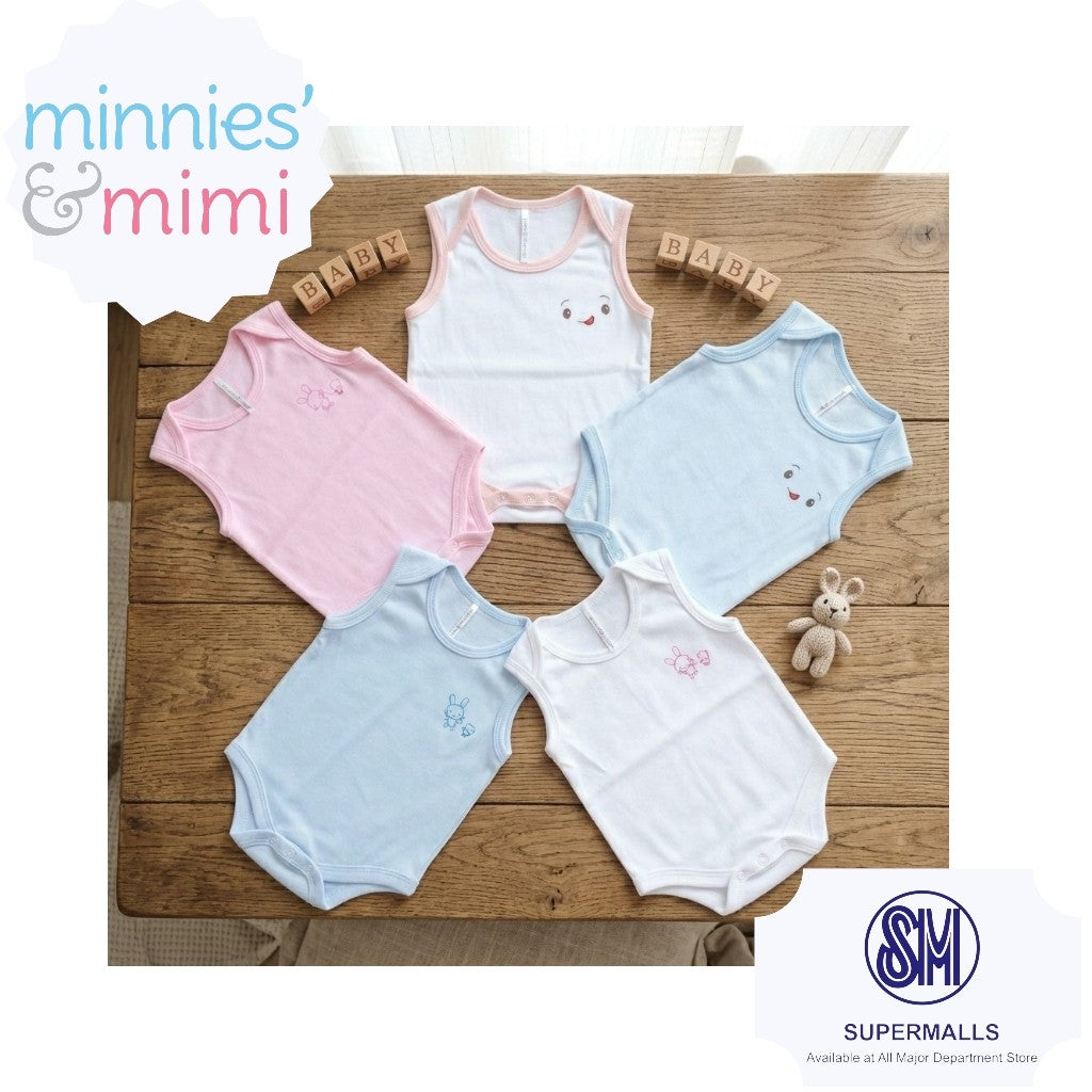 Ultra-Soft Sleeveless Onesie Romper N-1017 Minnies' & Mimi in Blue Pink White with Piping 1pc for Babies 0-12 Months with Random Print