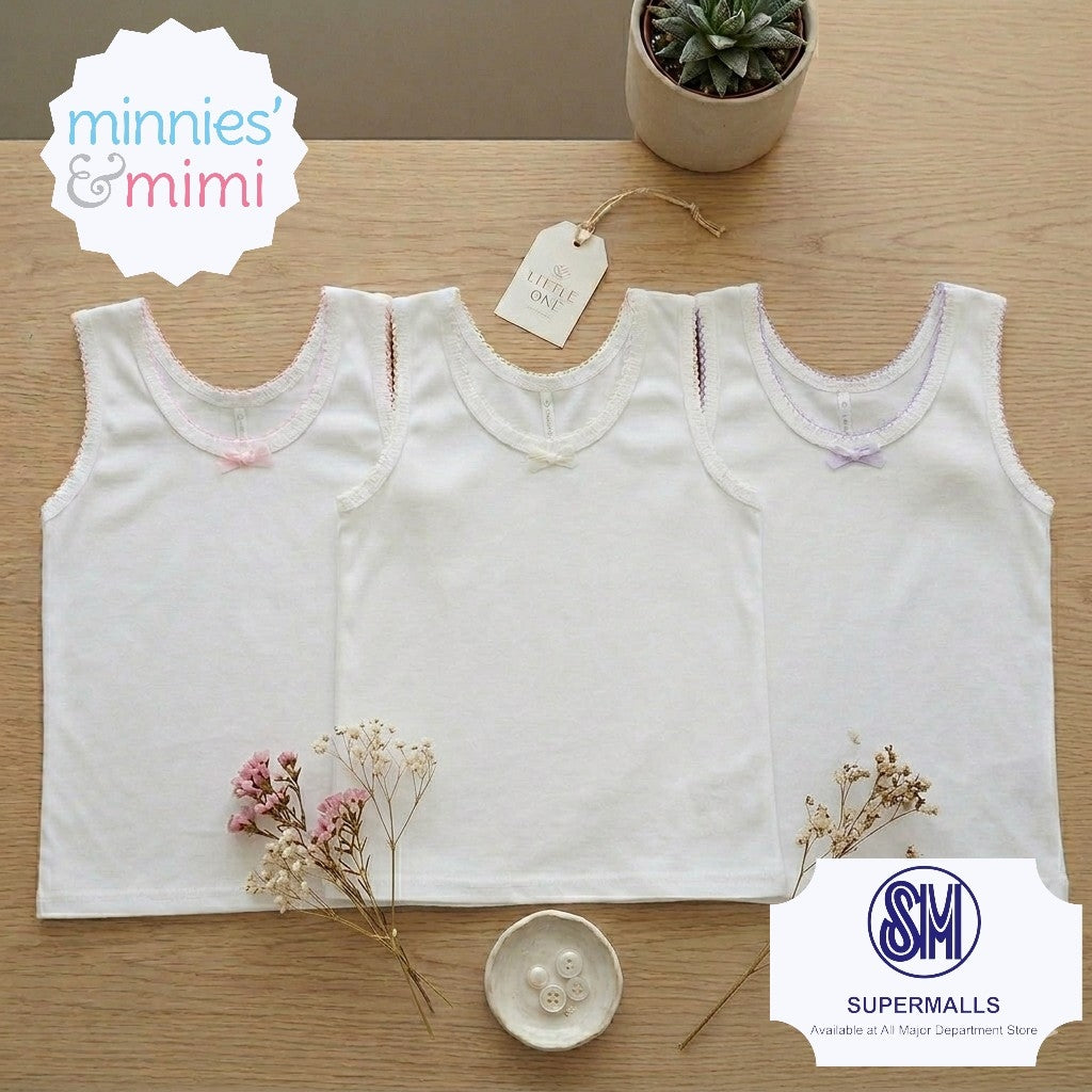 Cotton Tank Top with Ribbon and Fagotting T-3008-Small, Medium, Large Minnies' & Mimi for Toddlers 6 Months to 2 Years Old by 3 Pcs Available in Lavander, Pink and Cream